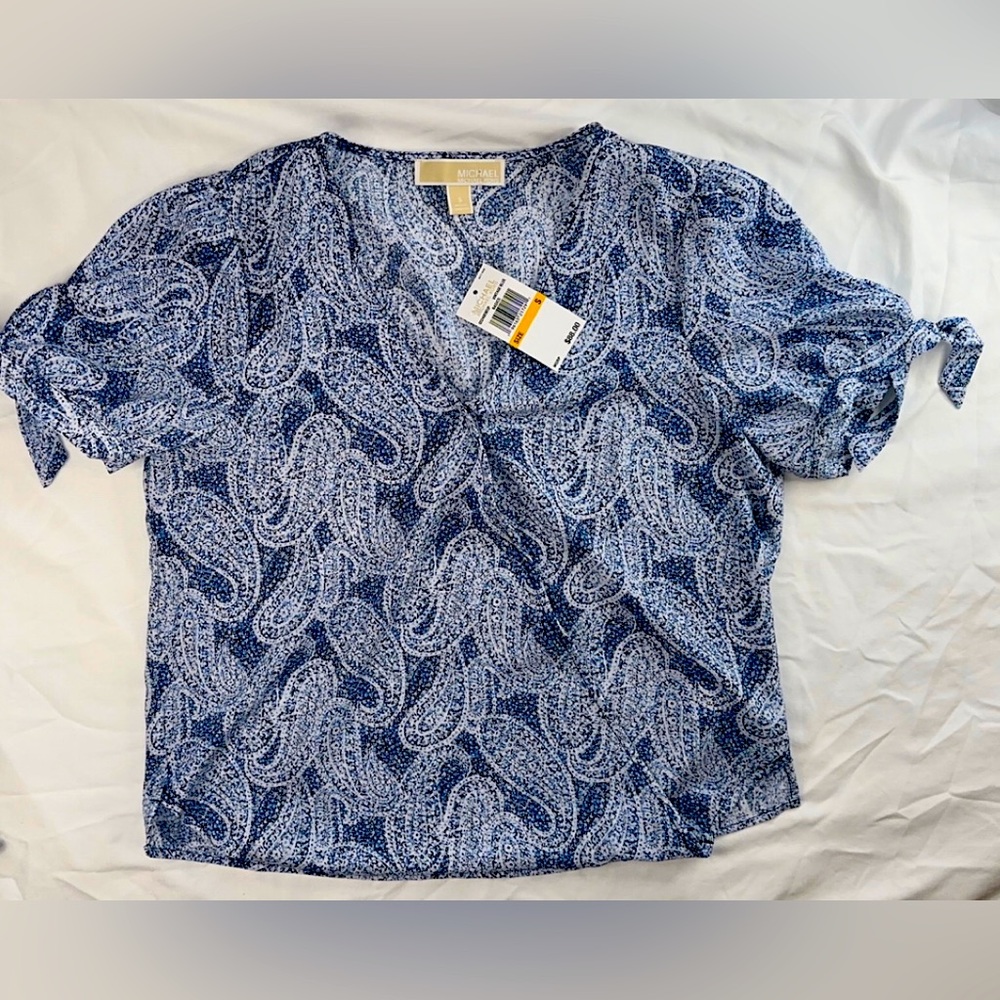 Michael Kors Blue V-Neck Short Sleeve Womens Blouse Top Shirt